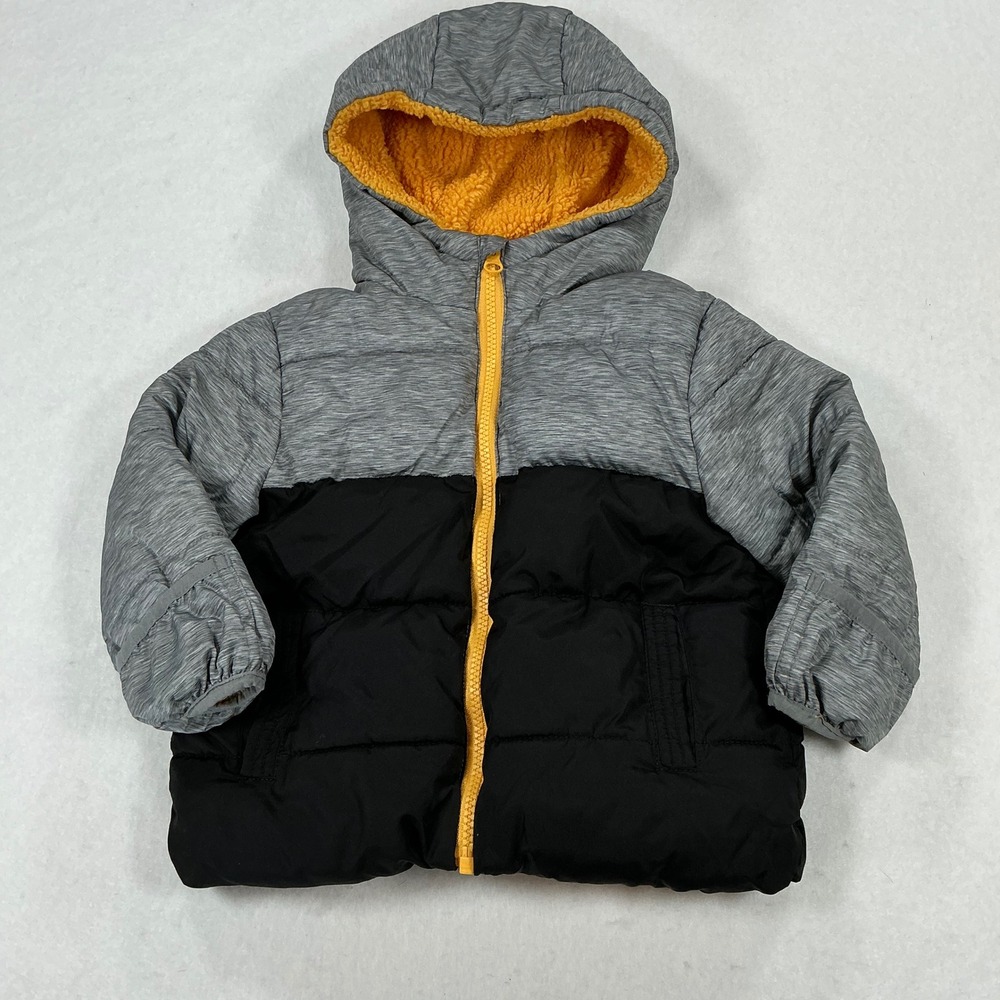 Swiss Tech Boys Puffer Jacket Grey Black Yellow Hooded Winter Coat 18M